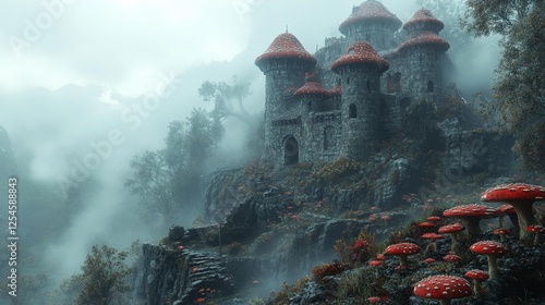 Mystical Foggy Castle Surrounded by Red Mushrooms in a Fantasy Landscape. Generative AI photo