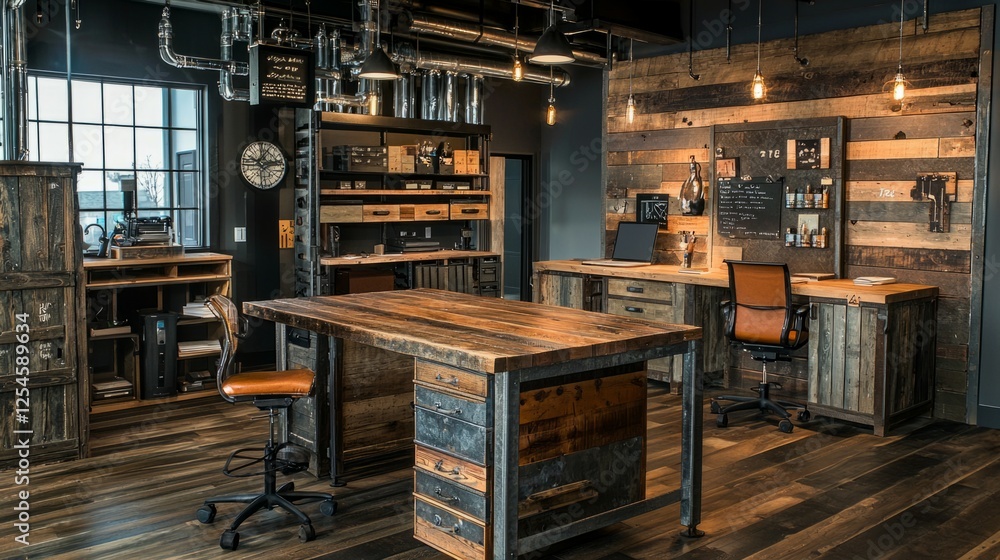 Naklejka premium Rustic Industrial Office Space with Wooden Furniture and Unique Decor