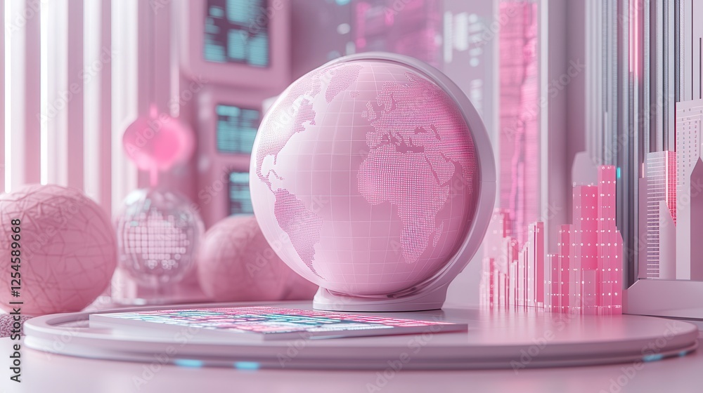 Obraz premium A futuristic pink globe sits on a sleek surface surrounded by abstract shapes, creating a playful and imaginative atmosphere.