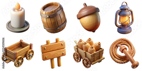 Fototapeta Naklejka Na Ścianę i Meble -  PNG 3d collection of wagon medival, in cartoon style minimal on transparent background, isolate