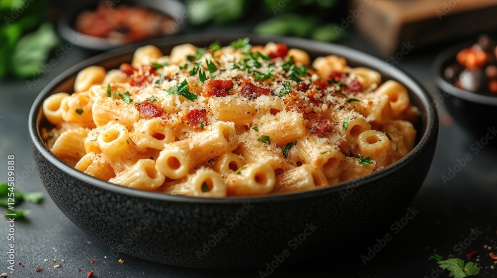 Creamy pasta dish topped with herbs and bacon in a stylish bowl, with ingredients in the background Creamy pasta dish topped with herbs and bacon in a stylish bowl, with ingredients in the background