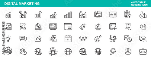 Digital marketing icons in editable outline style, for business and advertising, icon set, editable