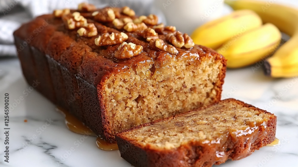 Delicious banana bread loaf with walnuts and caramel glaze on marble surface with bananas Delicious banana bread loaf with walnuts and caramel glaze on marble surface with bananas