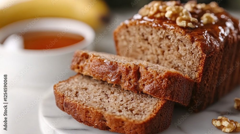 Sliced banana bread with walnuts and glaze next to a cup of tea on a marble surface Sliced banana bread with walnuts and glaze next to a cup of tea on a marble surface