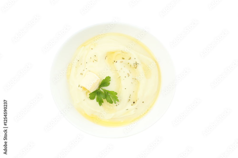 PNG, Mashed potatoes in bowl, isolated on white background, top view PNG, Mashed potatoes in bowl, isolated on white background, top view