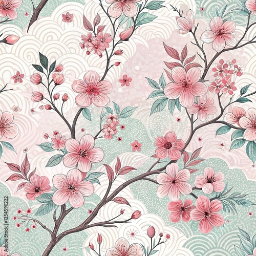Wallpaper Mural Seamless pattern, pattern, watercolor, Japanese floral pattern with sakura branches on pastel background, botanical style Torontodigital.ca
