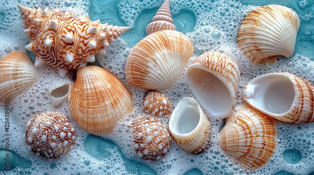 A vibrant collection of seashells resting in foamy ocean water, showcasing intricate patterns and colors A vibrant collection of seashells resting in foamy ocean water, showcasing intricate patterns and colors