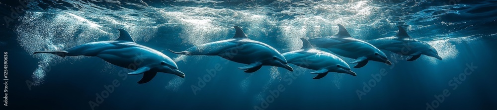 Underwater Dolphins Swimming in Clear Ocean Water. Generative AI Underwater Dolphins Swimming in Clear Ocean Water. Generative AI