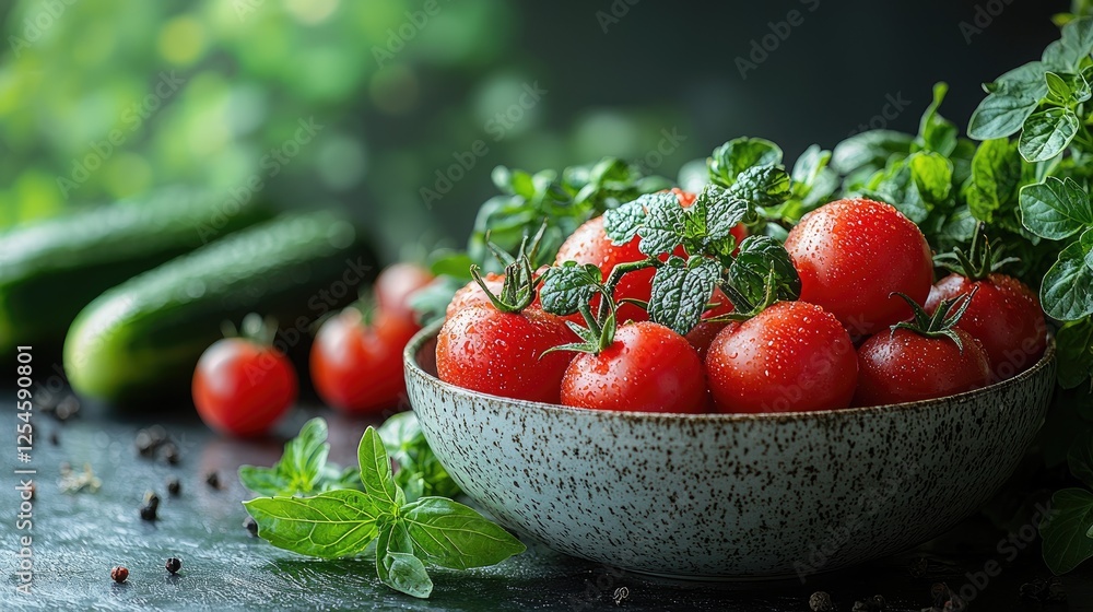 Fresh red tomatoes and cucumbers in a bowl with mint leaves, set against a blurred green background Fresh red tomatoes and cucumbers in a bowl with mint leaves, set against a blurred green background