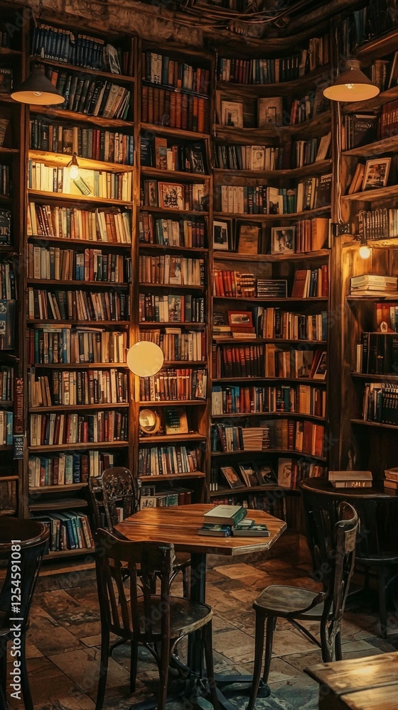 Cozy and Inviting Library Interior with Bookshelves and Warm Lighting Cozy and Inviting Library Interior with Bookshelves and Warm Lighting