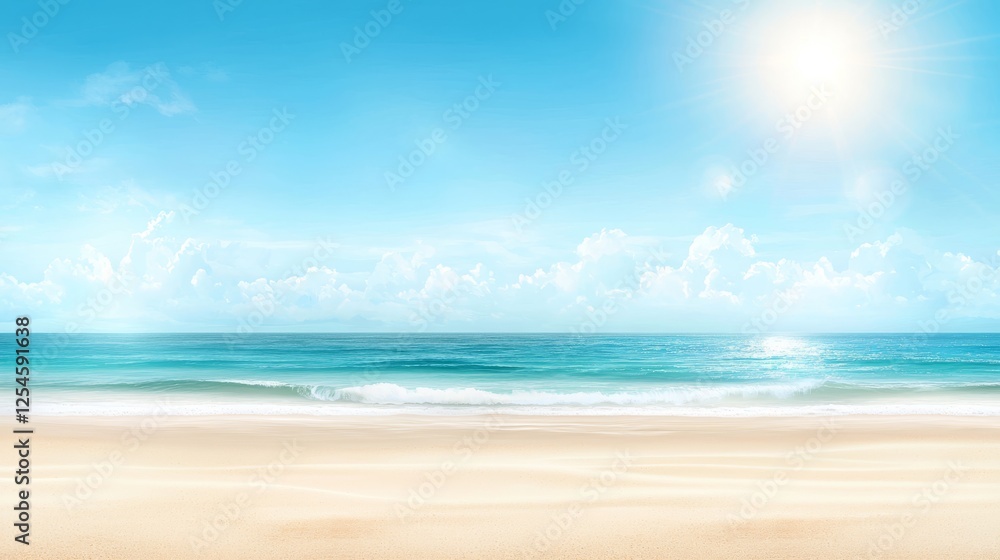 A captivating image of sandy beach, bright sun and clear blue sky, perfect for summer vibes A captivating image of sandy beach, bright sun and clear blue sky, perfect for summer vibes