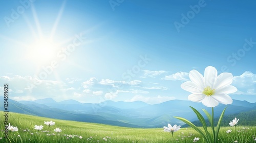 Majestic mountain vista, a delicate white flower in full bloom amidst verdant green meadow