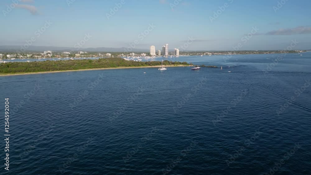Aerial views of Wavebreak Island and the Broadwater on the Northern end of the Gold Coast, Australia