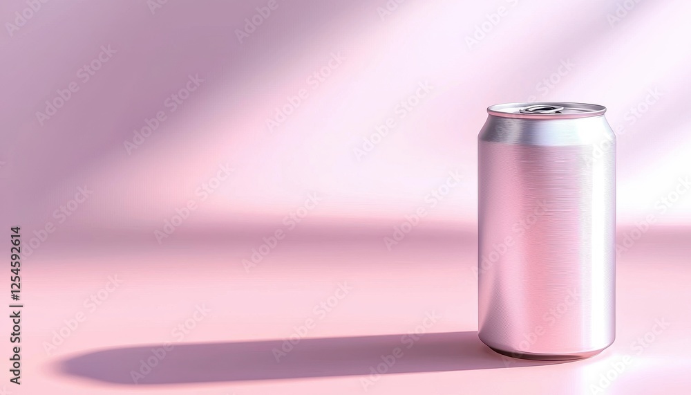 A sleek, metallic can stands on a soft pink surface, casting a subtle shadow, perfect for beverage concepts. A sleek, metallic can stands on a soft pink surface, casting a subtle shadow, perfect for beverage concepts.