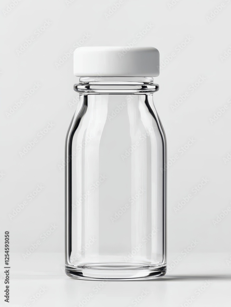 A sleek, clear glass bottle with a white cap, perfect for showcasing beverages or minimalist designs. A sleek, clear glass bottle with a white cap, perfect for showcasing beverages or minimalist designs.