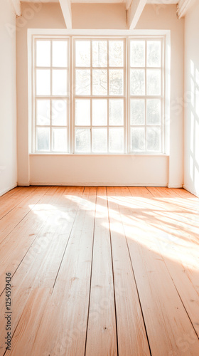 Sunlit minimalist room with empty wooden floor and large window in bright serene interior space