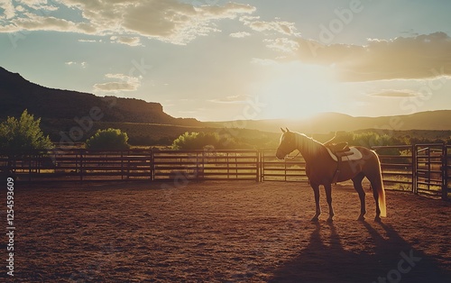 A serene sunset captures a horse standing majestically in an enclosed area, surrounded by a tranquil landscape. The warm hues of the sky create a peaceful atmosphere. photo