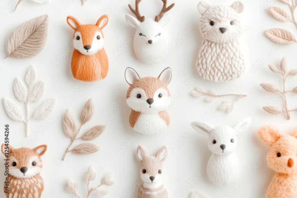 Obraz premium Whimsical forest animal figurines in soft pastel colors arranged with delicate leaf patterns