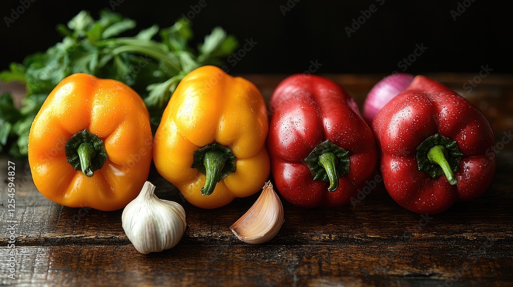 Freshly harvested colorful bell peppers and garlic arranged on a rustic wooden table Freshly harvested colorful bell peppers and garlic arranged on a rustic wooden table