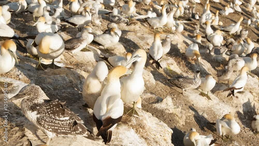 Gannet colony at the famous nesting site of Muriwai Beach, New Zealand