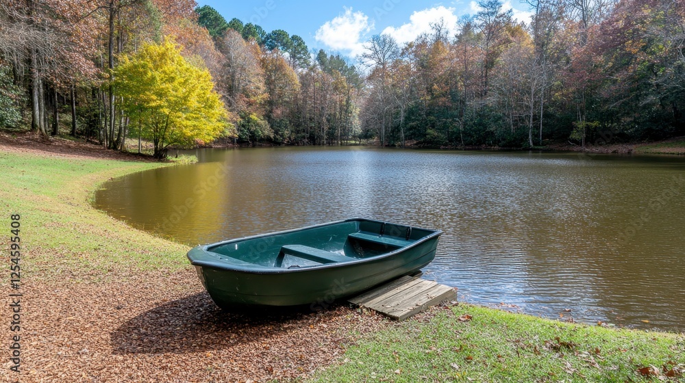 Dark green rowboat sits on the edge of a calm body of water, surrounded by autumnal trees, with fallen leaves on the ground. Sunny day with a clear Dark green rowboat sits on the edge of a calm body of water, surrounded by autumnal trees, with fallen leaves on the ground. Sunny day with a clear