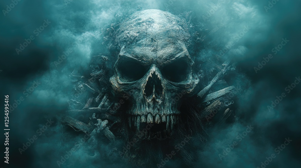 Dark and eerie skull emerging from misty clouds, creating a haunting atmosphere for horror themes Dark and eerie skull emerging from misty clouds, creating a haunting atmosphere for horror themes