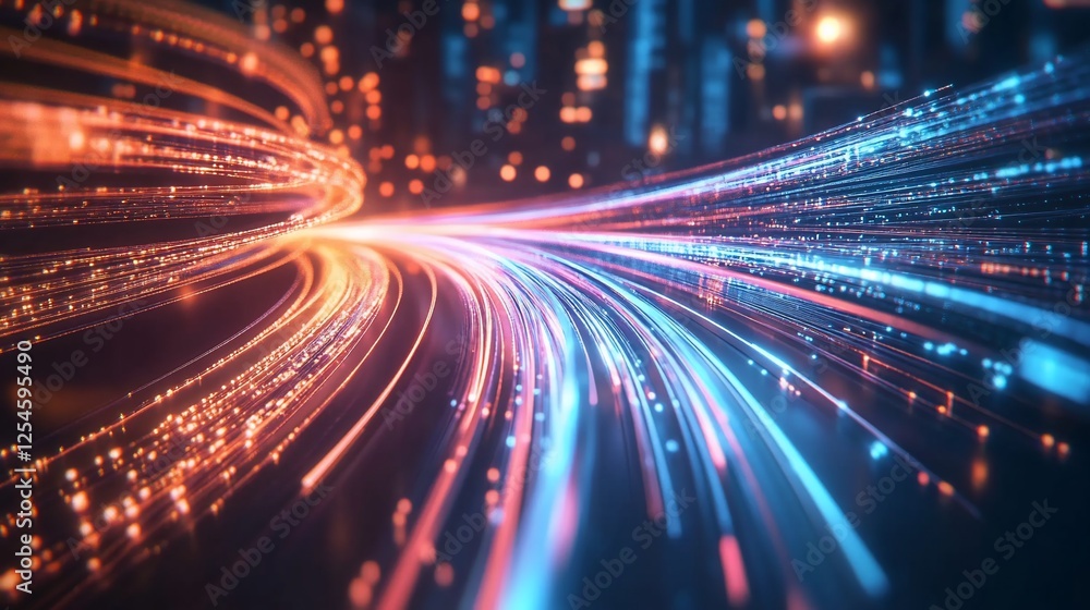 Abstract digital network connection with orange and blue glowing light trails and city background Abstract digital network connection with orange and blue glowing light trails and city background