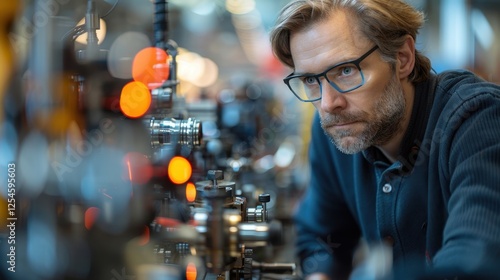 Caucasian male adult engineer working on intricate machinery with focus and precision photo