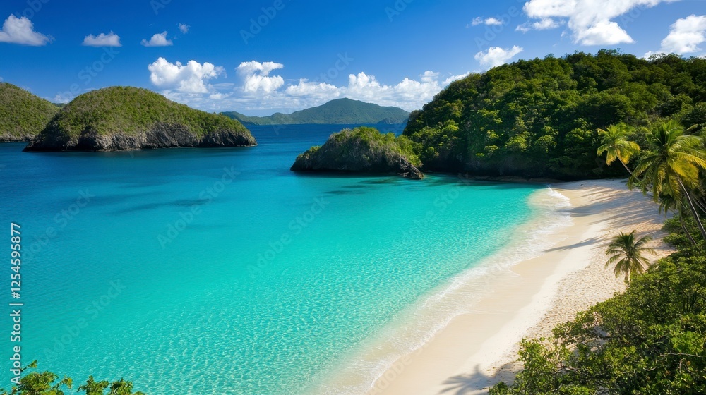 Tranquil blue waters lap a pristine white sand beach, surrounded by lush green islands under a partly cloudy sky. The scene evokes a relaxed and Tranquil blue waters lap a pristine white sand beach, surrounded by lush green islands under a partly cloudy sky. The scene evokes a relaxed and