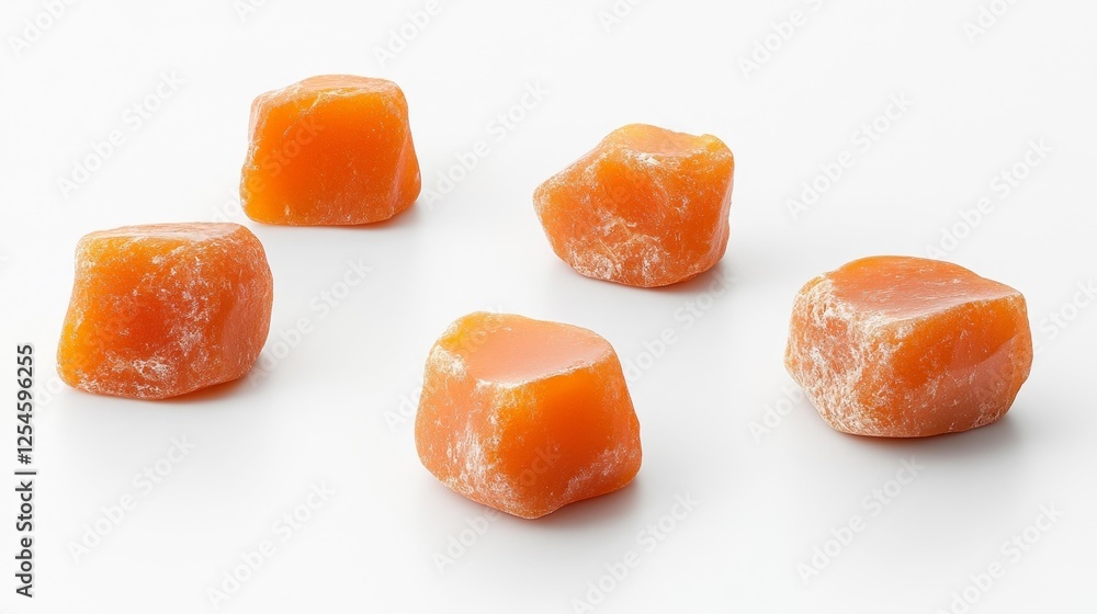 Close-up of orange amber rocks with a soft reflection on a white background. Generative AI Close-up of orange amber rocks with a soft reflection on a white background. Generative AI
