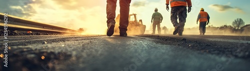 Construction workers walk along a newly paved road at sunset, showcasing teamwork in the industry