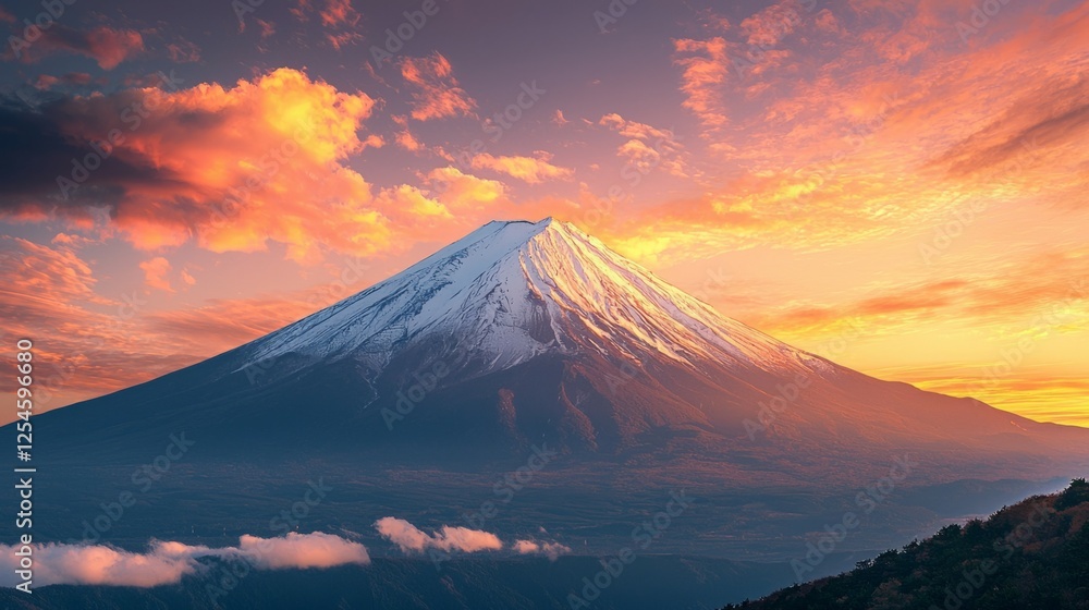 Fototapeta premium Majestic Mount Fuji at Sunset with Colorful Cloudy Sky