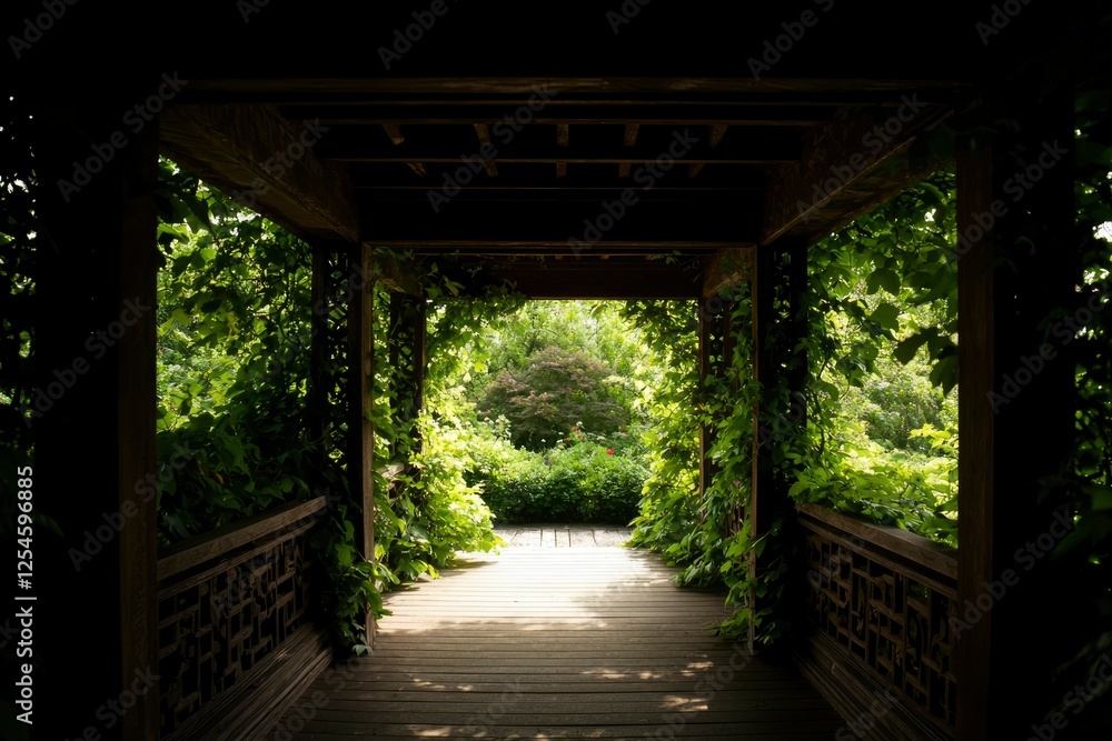 Walkway through an idyllic garden with lush plants, ideal for relaxation Walkway through an idyllic garden with lush plants, ideal for relaxation