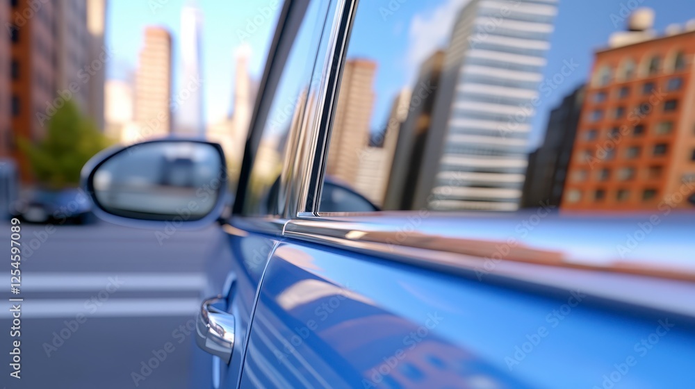Close up view of a light blue car door, city skyscrapers reflected on the glass, chrome trim Close up view of a light blue car door, city skyscrapers reflected on the glass, chrome trim