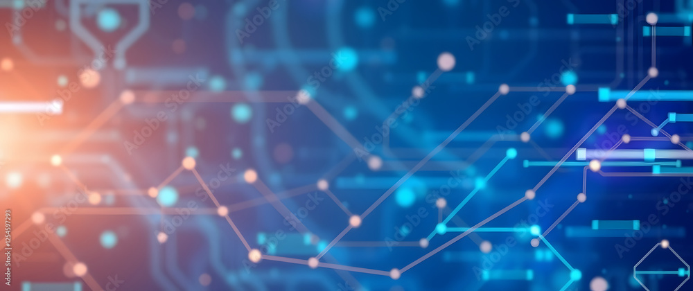 Abstract digital circuit board with glowing connections and blue background Abstract digital circuit board with glowing connections and blue background