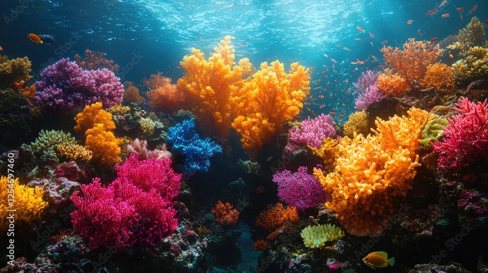 Obraz premium Vibrant coral reef teeming with colorful marine life under clear blue water, showcasing biodiversity