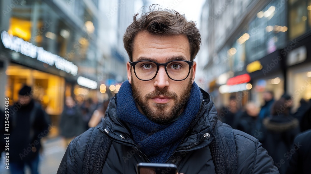 Stylish Professional Navigating the Bustling City Streets During Winter A well dressed man with a beard and glasses walks confidently through a lively urban setting Stylish Professional Navigating the Bustling City Streets During Winter A well dressed man with a beard and glasses walks confidently through a lively urban setting