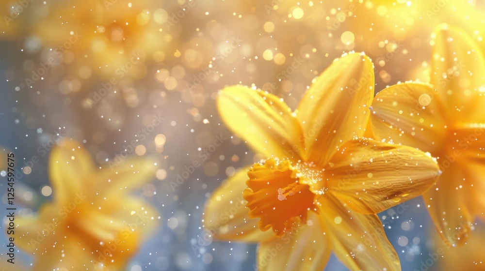Fototapeta premium Detailed view of snowflakes on the yellow daffodil petals, creating a harmonious contrast of warmth and cold. 