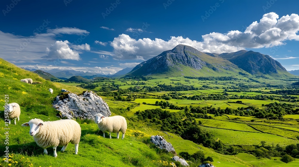 Fototapeta premium Picturesque rural landscape with a herd of sheep grazing on the lush rolling hills and meadows of a serene mountainous countryside The scene exudes a peaceful