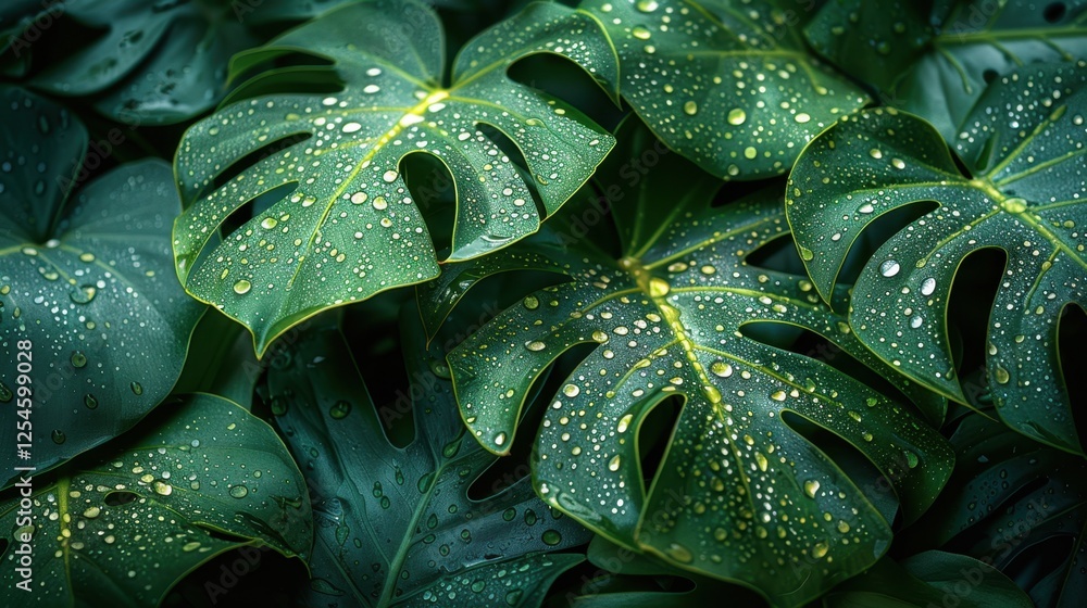 Fototapeta premium Raindrops on lush green monstera leaves in a tropical jungle setting