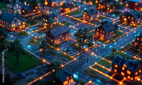 Futuristic Smart Grid Powered Residential Area with Glowing Solar Panels and EV Charging