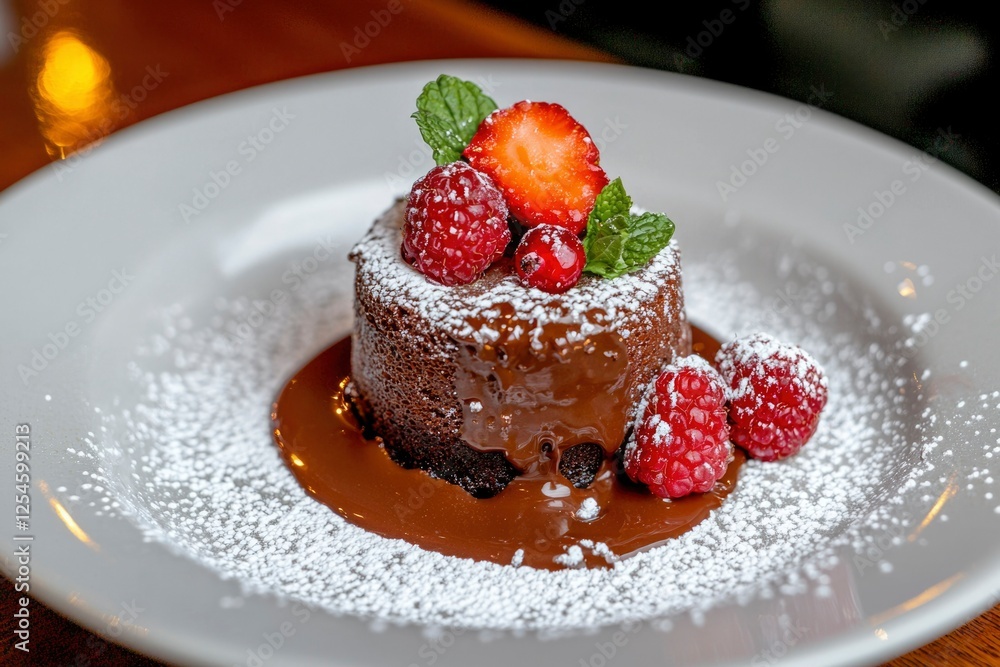 Chocolate lava cake topped with fresh berries and mint served at restaurant Chocolate lava cake topped with fresh berries and mint served at restaurant