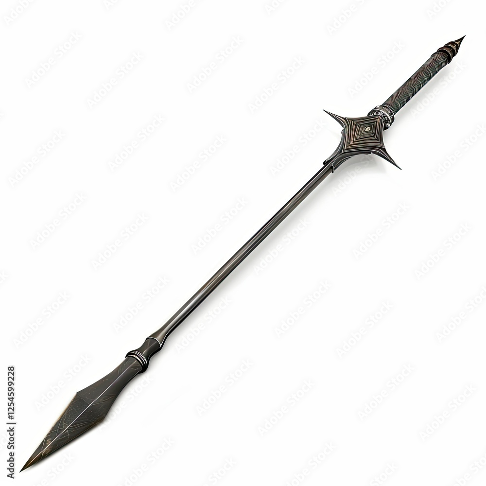 A decorative spear with a pointed tip and ornate design, used for combat or display. isolated on white background A decorative spear with a pointed tip and ornate design, used for combat or display. isolated on white background