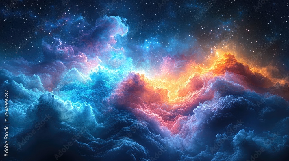 Vivid cosmic clouds illuminated by fiery hues, set against a starry night sky Vivid cosmic clouds illuminated by fiery hues, set against a starry night sky