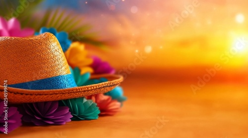 Vibrant summer hat and colorful flowers against sunset background. Generative AI photo