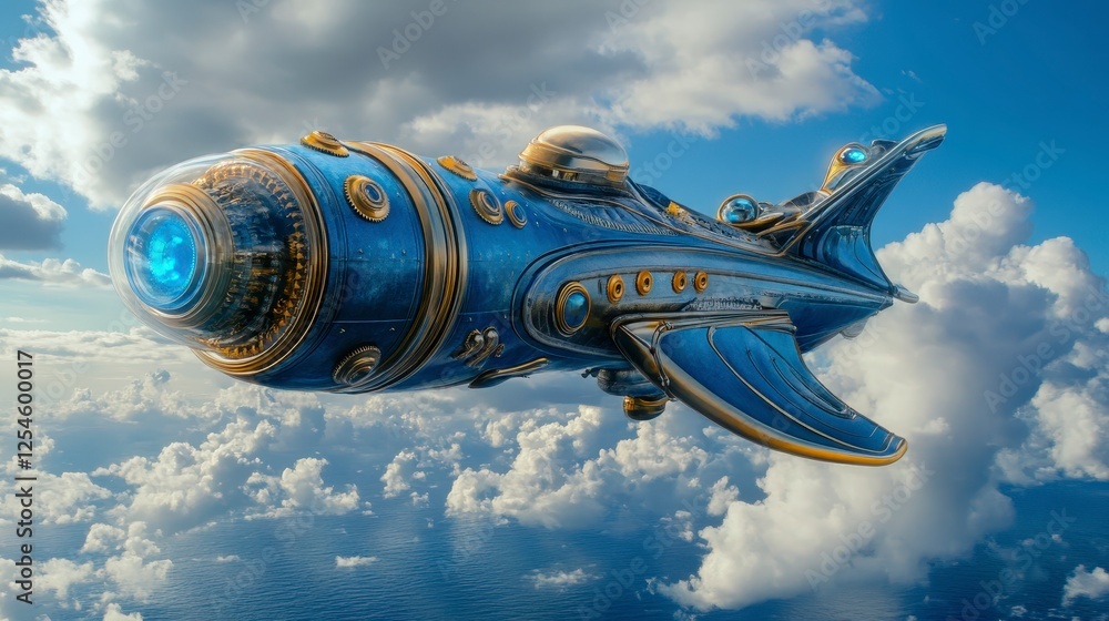 Obraz premium Futuristic, stylized vessel flying above fluffy white clouds against a vibrant blue sky. The craft is detailed with metallic blue and gold accents