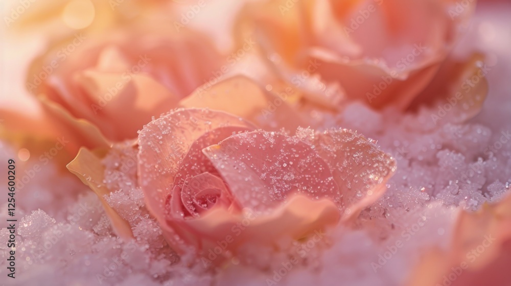 Snowflakes delicately resting on rose petals, enhancing their beauty with a winter touch.