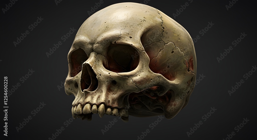 Detailed Human Skull Close-up with Cracks and Bone Texture on Dark Background Detailed Human Skull Close-up with Cracks and Bone Texture on Dark Background