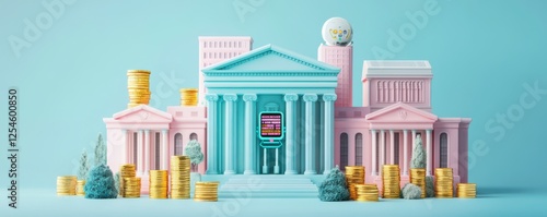 A colorful, stylized representation of a bank with gold coins, showcasing a playful approach to finance and investments.