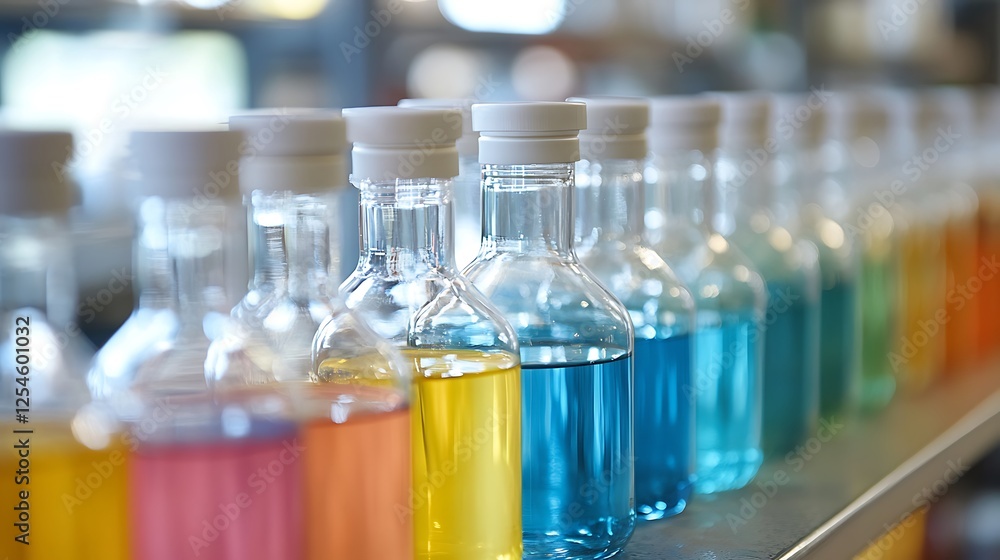 A Row of Colorful Chemicals in Glass Bottles A Row of Colorful Chemicals in Glass Bottles